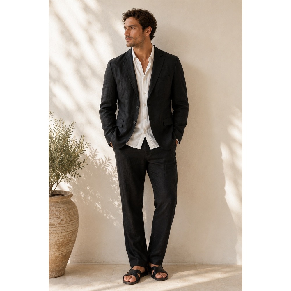 H&M Blazer Mens 42R Black 100% Linen Two Button Regular‎ Fit Jacket